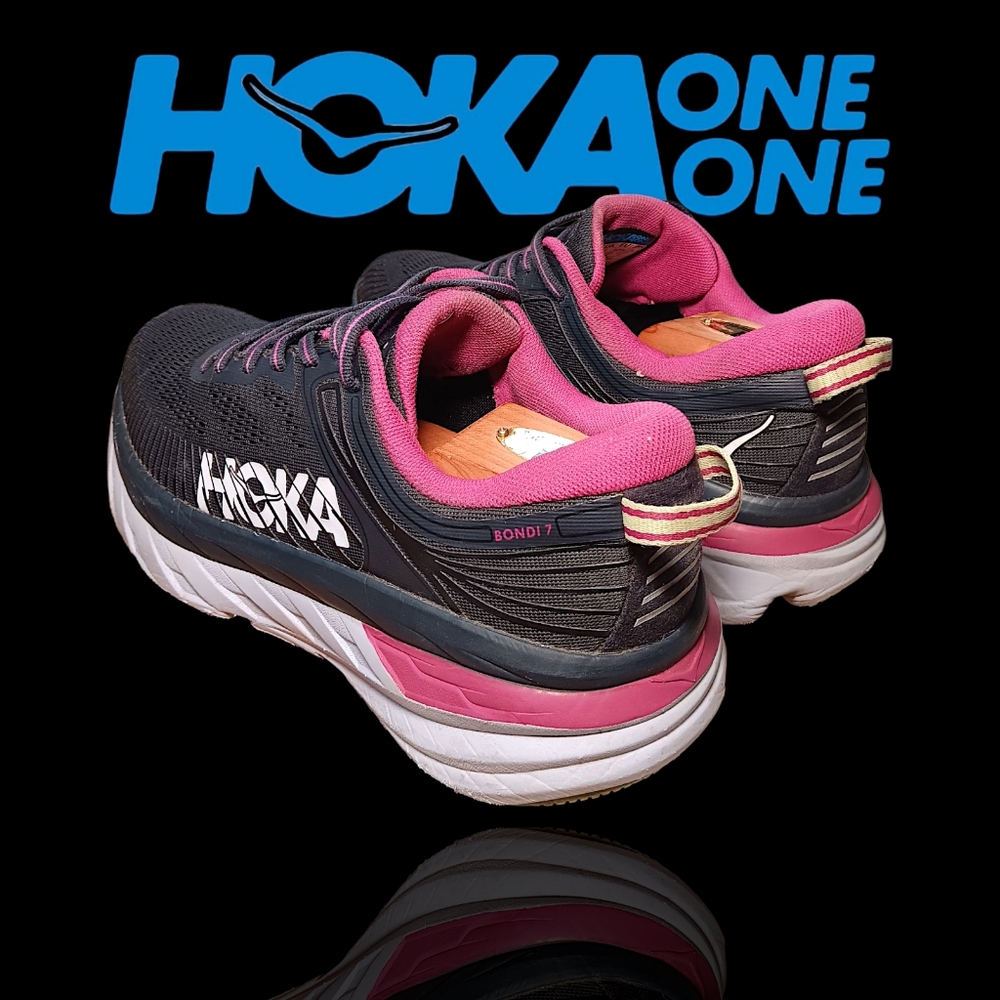 Hoka Bondi 7 Blue Graphite/Festival Fuchsia Running Shoes Women's Size 8.5 GUC